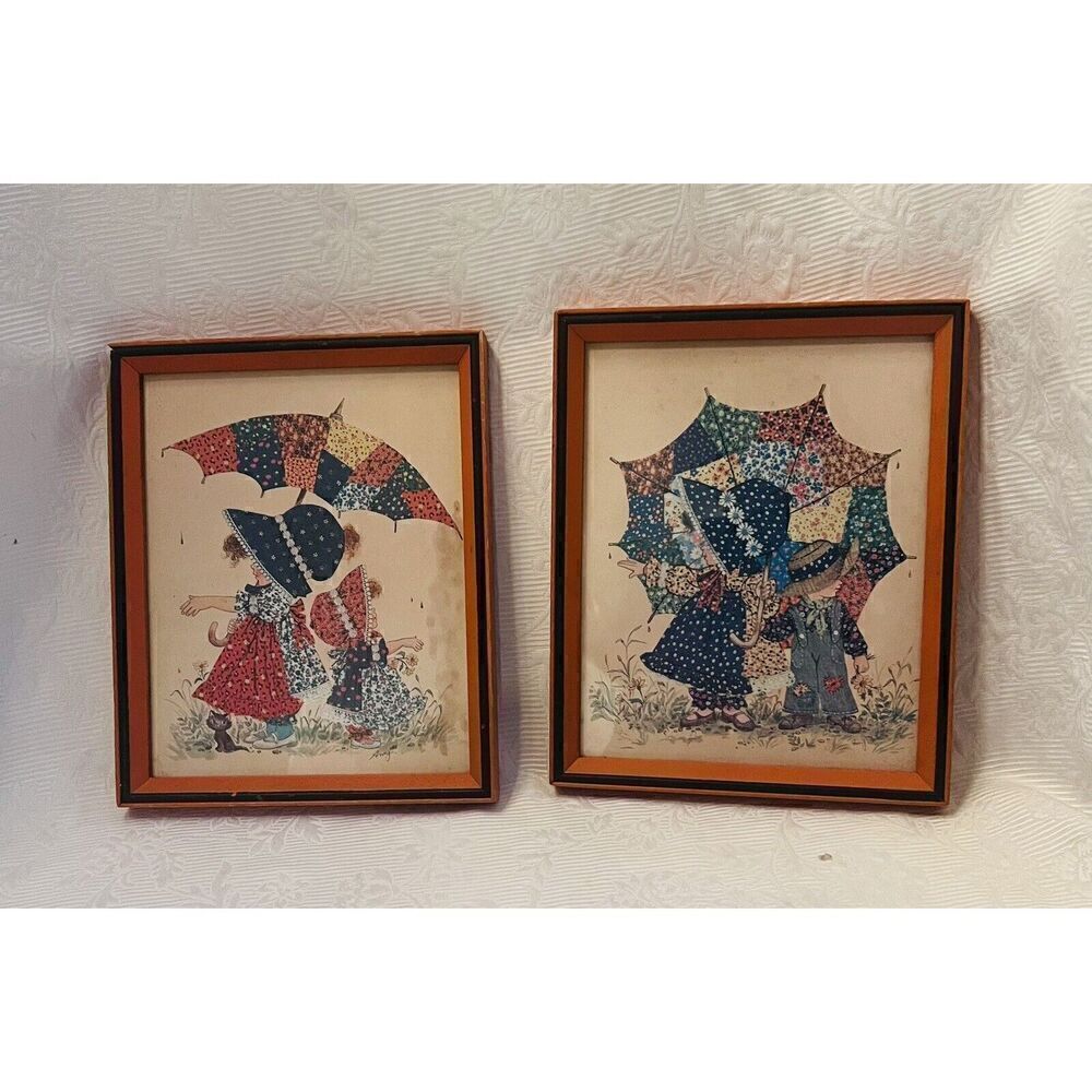 2 Patchwork Girls Print by‎ Amy Calico Dressed & Umbrella Framed 9.5x7.5” Vtg
